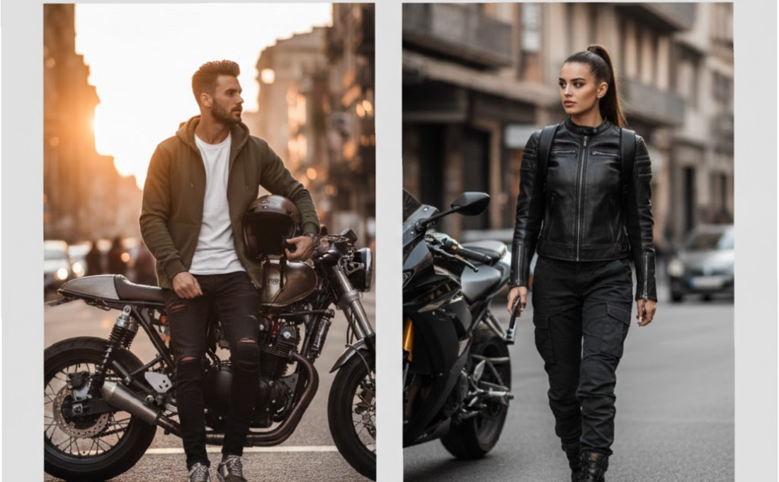 Modern streetwear-inspired motorcycle gear featuring Kevlar hoodies and leather jackets for urban riders