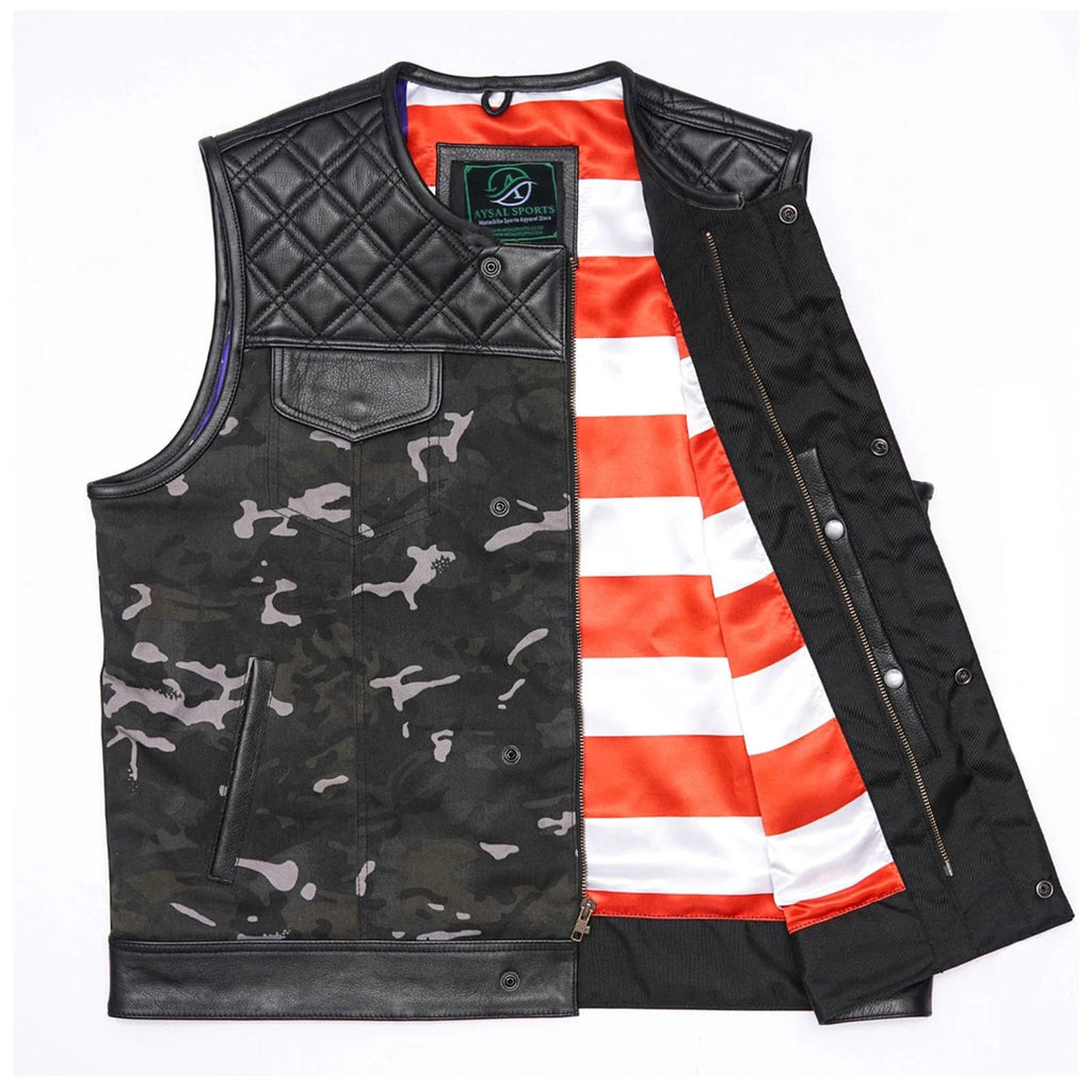 Black camouflage and red-white-striped vest