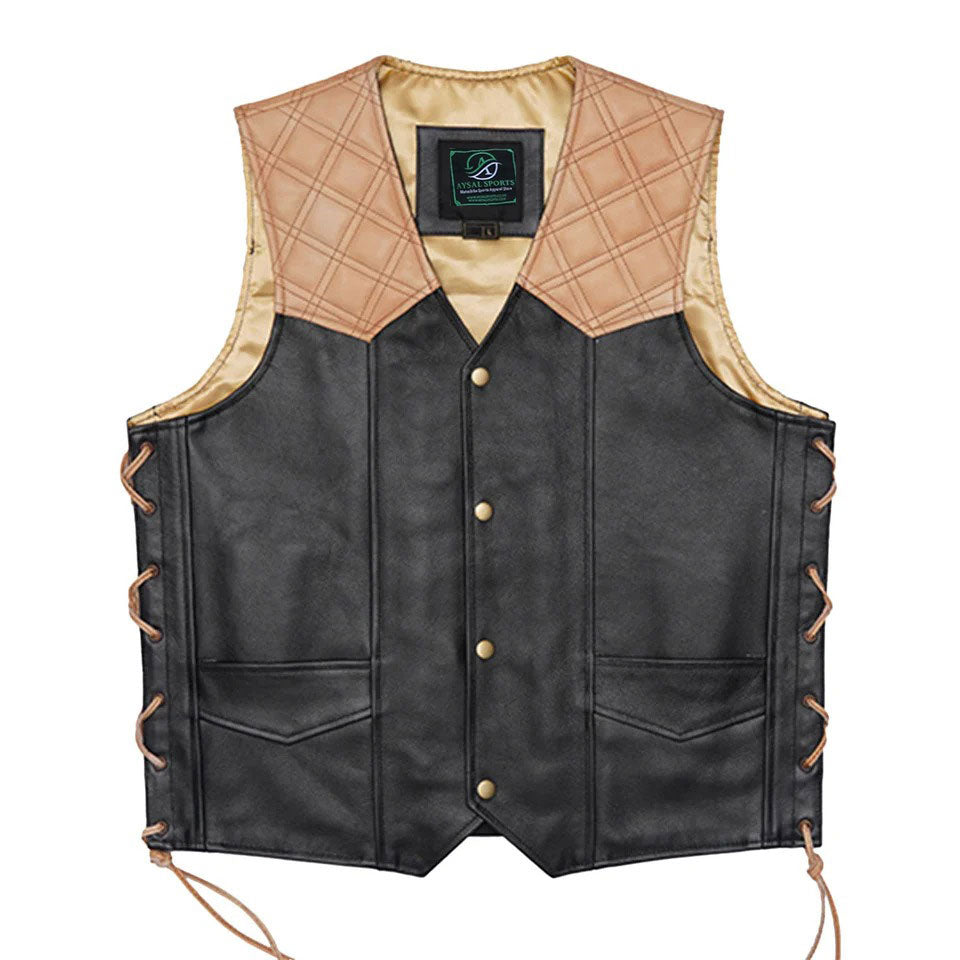 Black leather vest with beige quilted back and laces