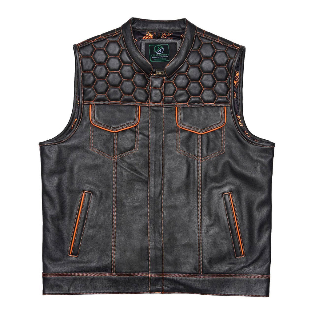 Classic men’s genuine leather biker vest sleeveless riding jacket front look