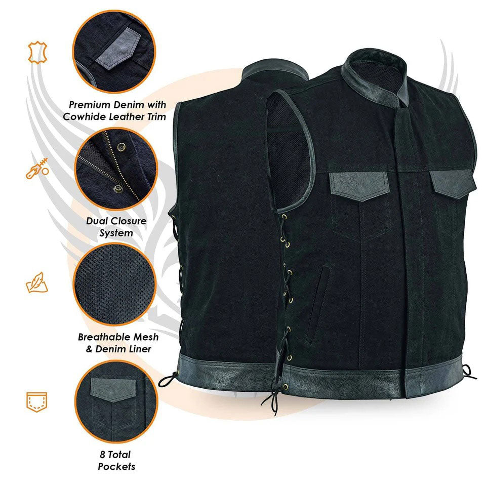 Motorcycle Black vest with cowhide leather trim