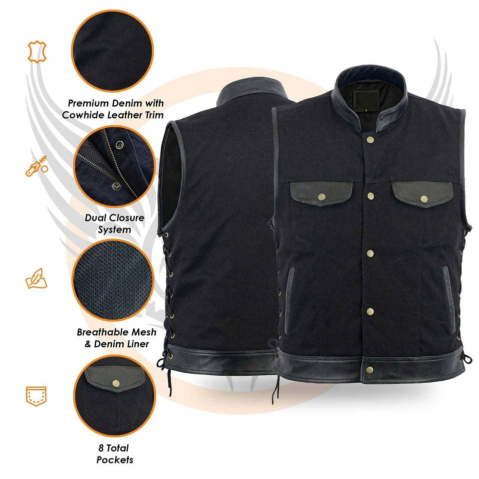 Black vest with cowhide leather trim