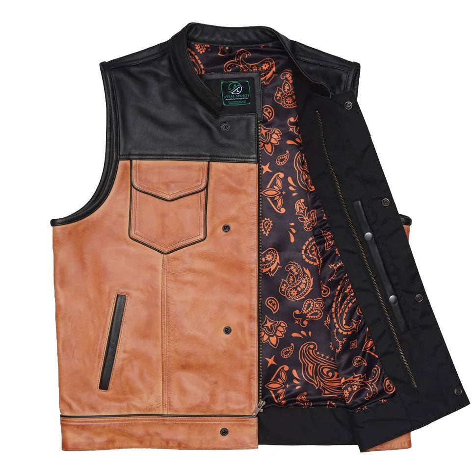 Brown leather vest with black and orange patterned lining