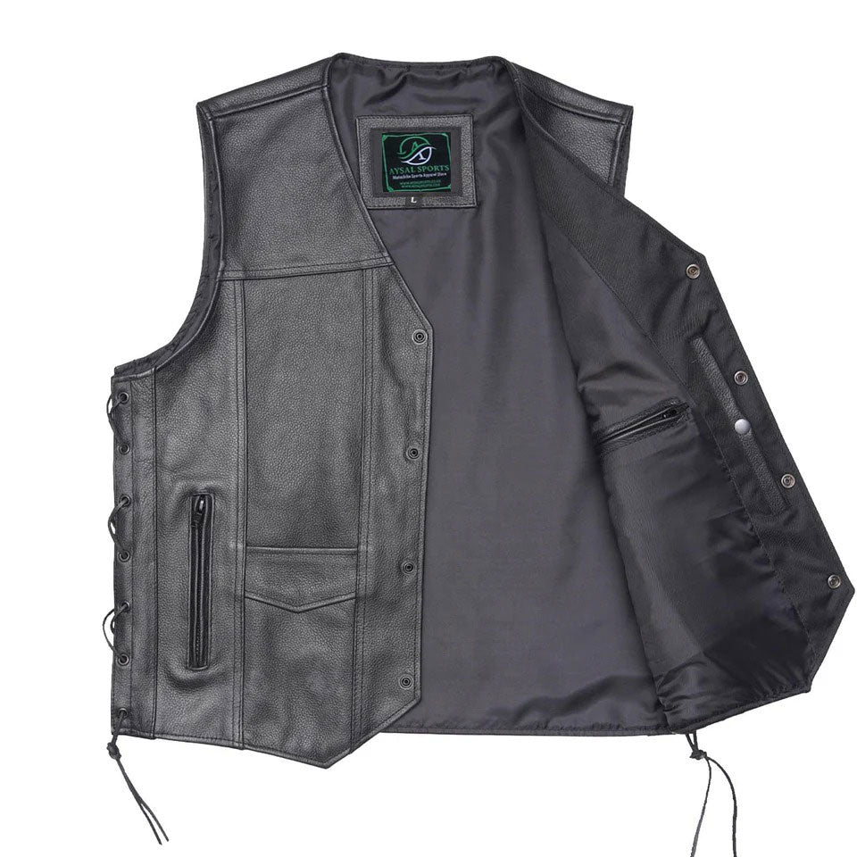 Black leather vest with a brand logo