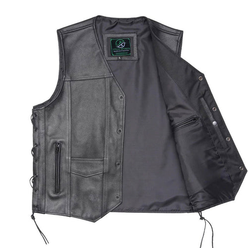 Black leather vest with a brand logo