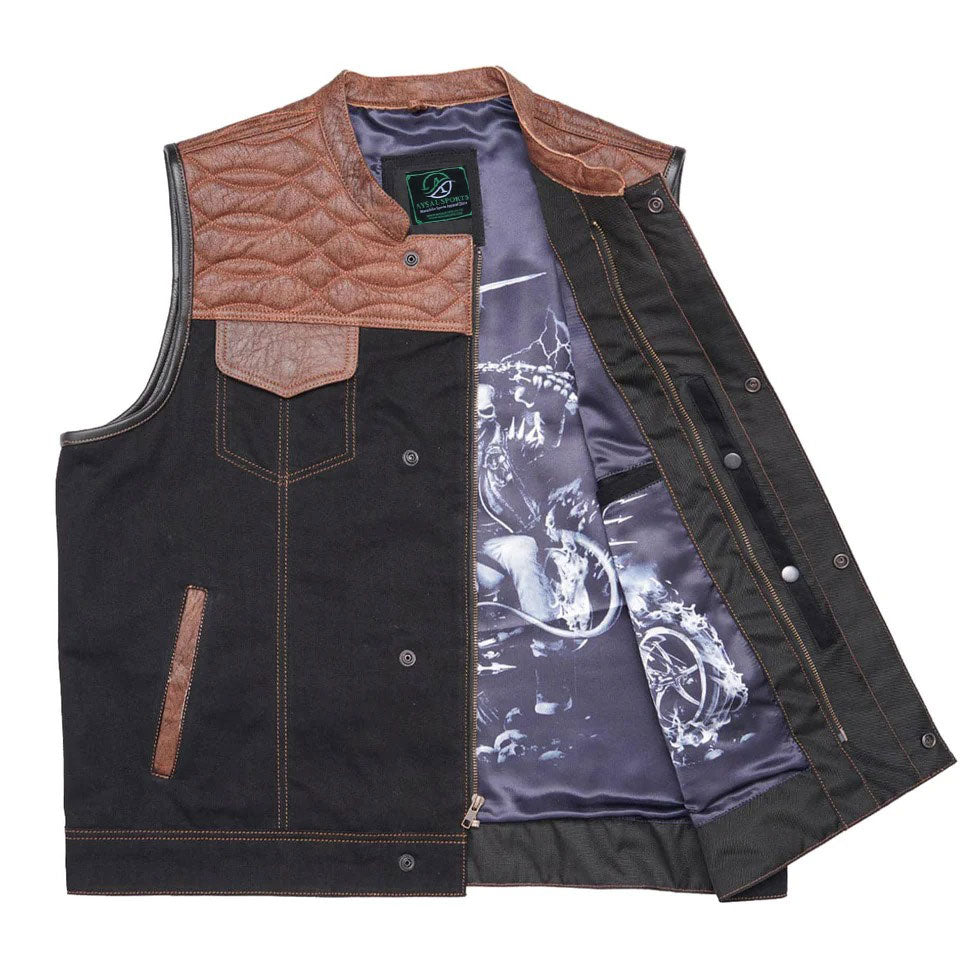 Black vest with brown leather accents