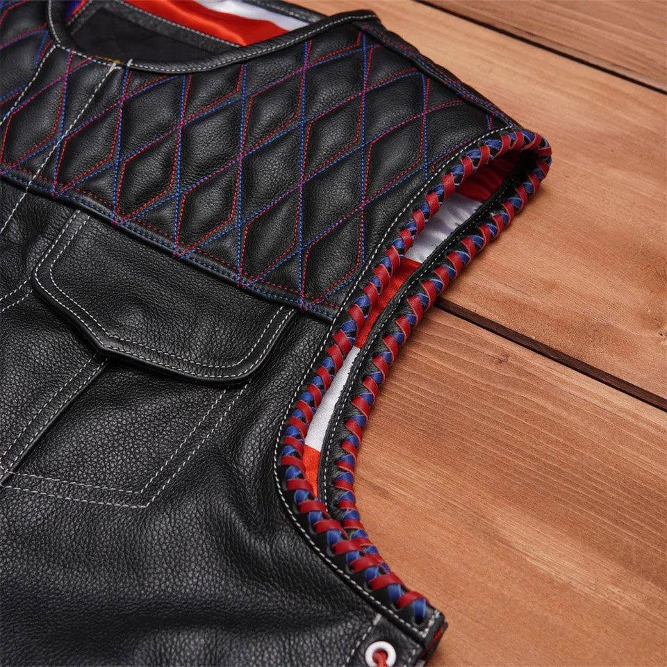 Black leather jacket with red and blue stitching
