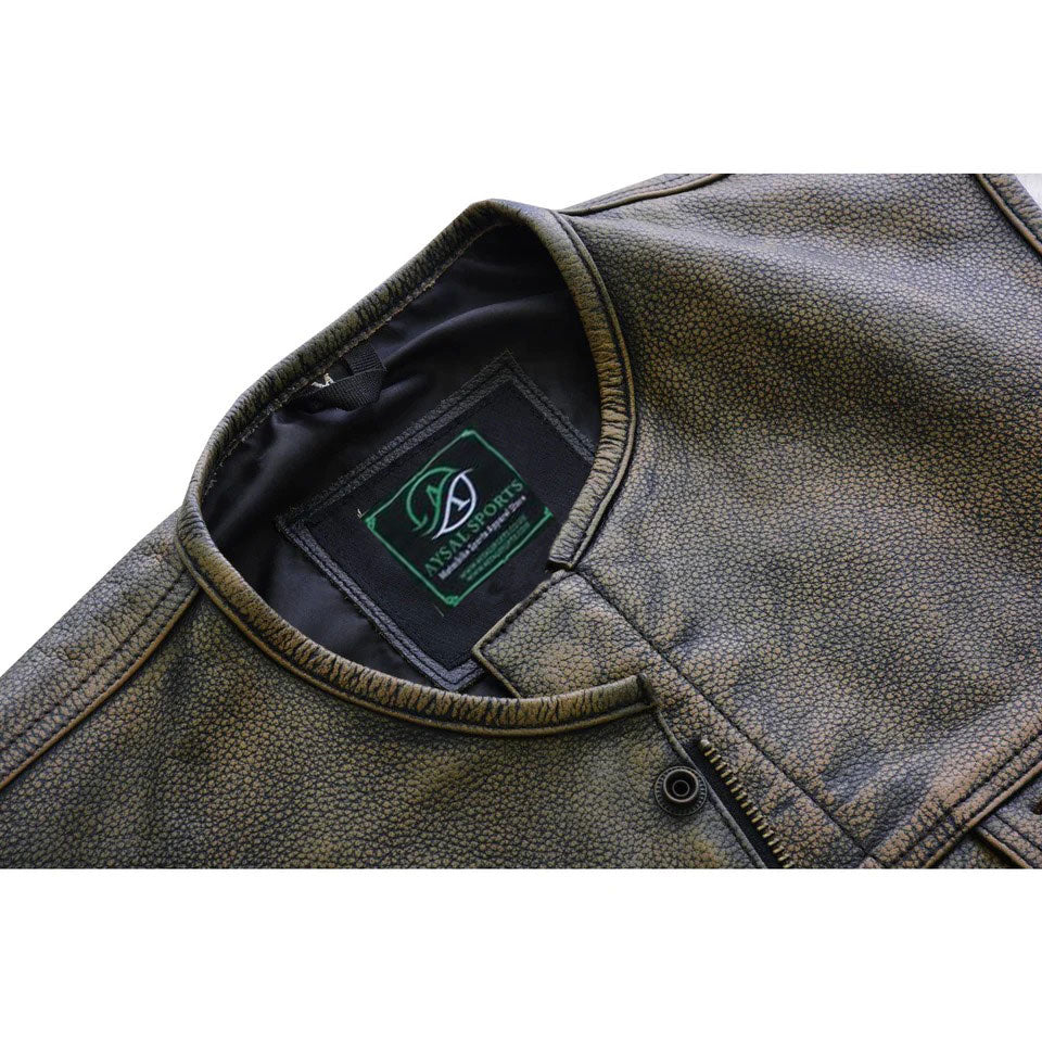 Close-up of a brown leather Vest with a brand label