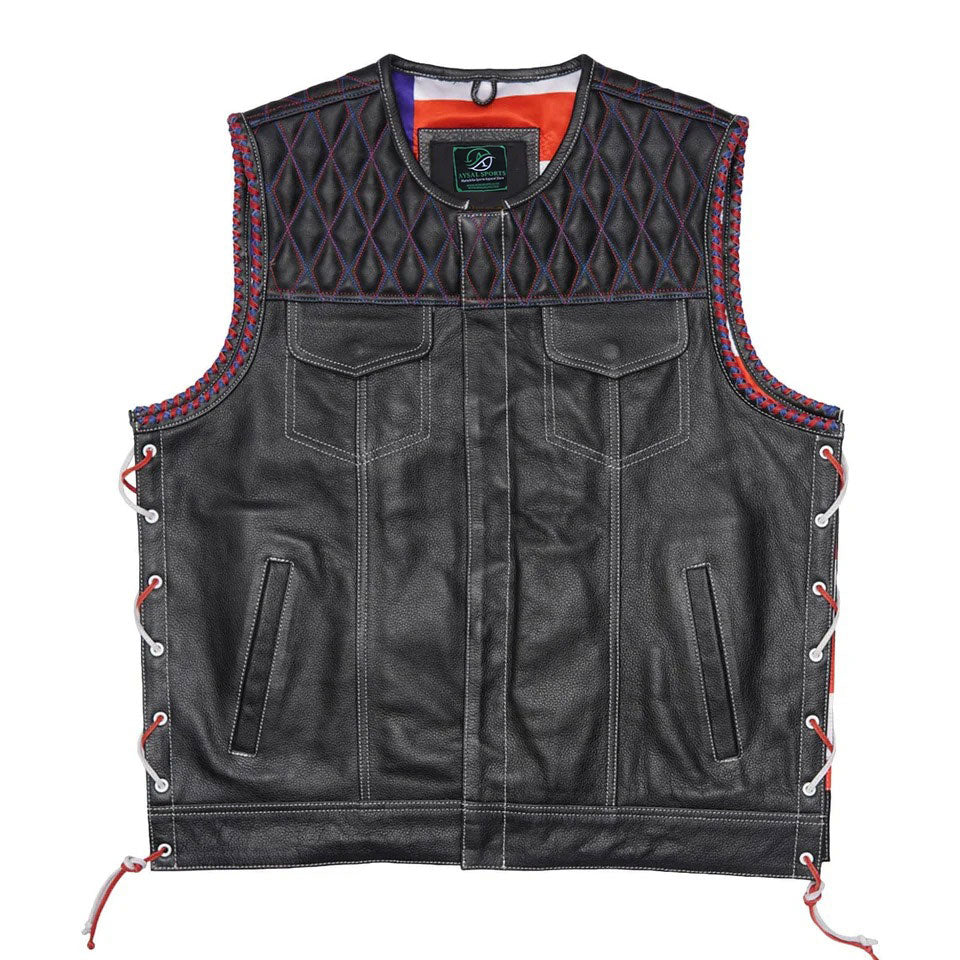 Black leather vest with red stitching