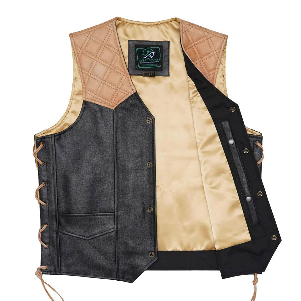 Black leather vest with beige quilted back and tan accents