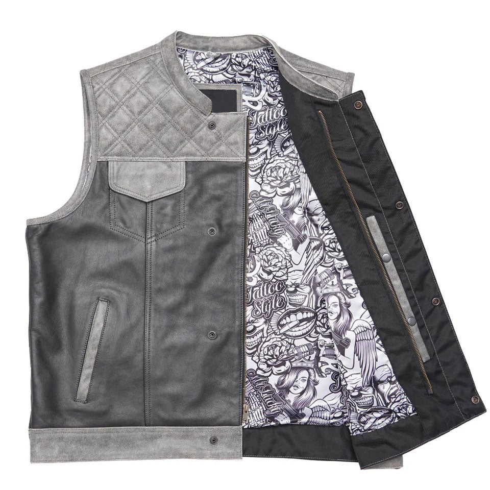 Gray quilted leather vest with a patterned lining