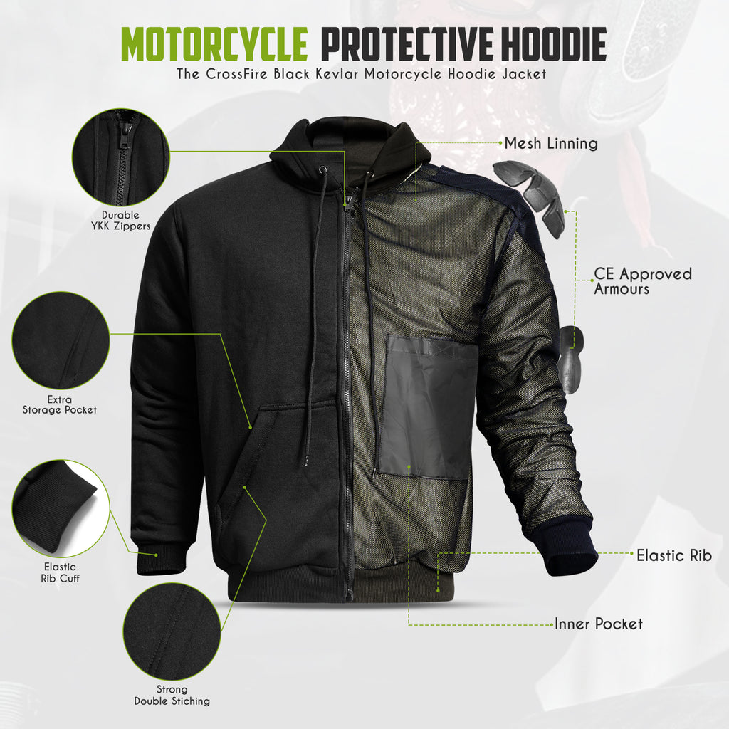 Motorcycle protective hoodie with features highlighted.