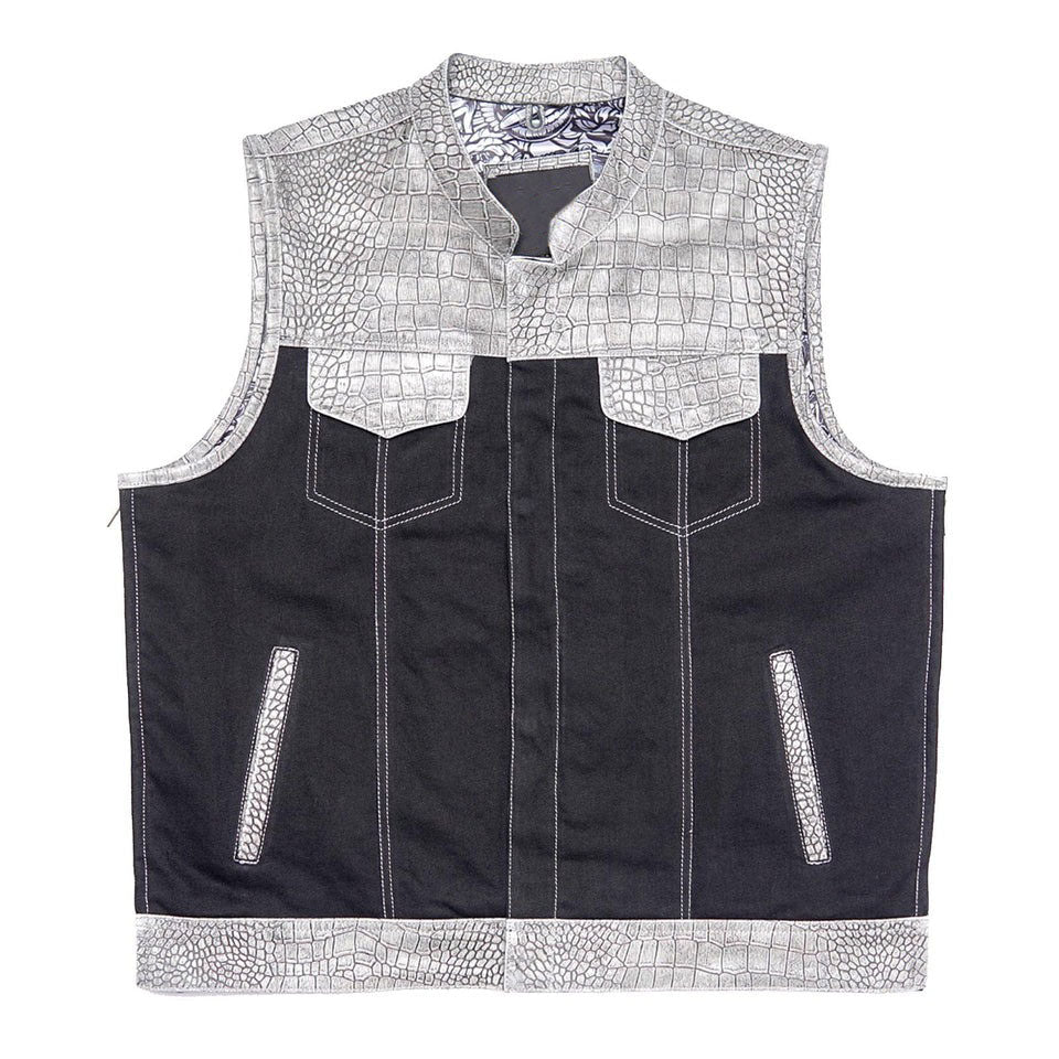 Black leather vest with silver crocodile pattern