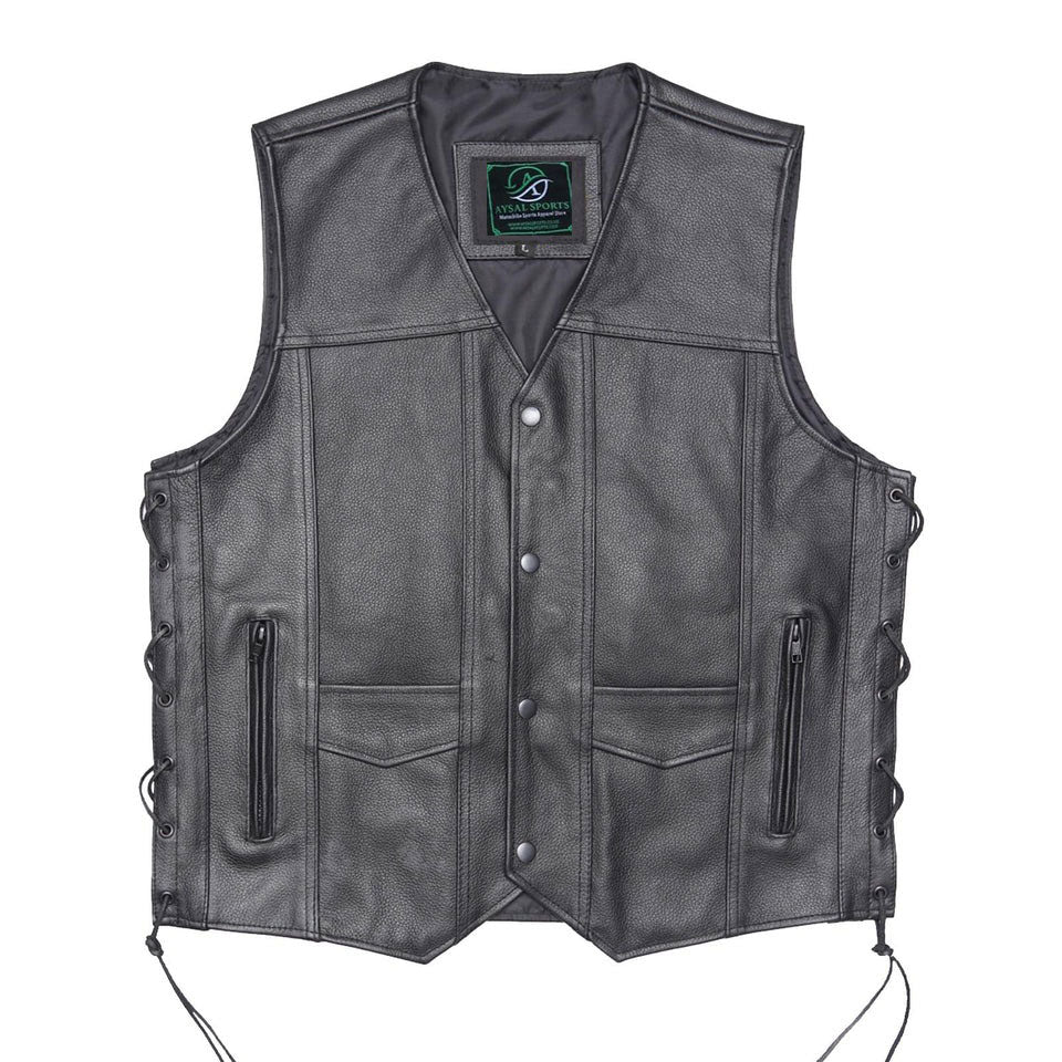 Black leather vest with buttons and zippers