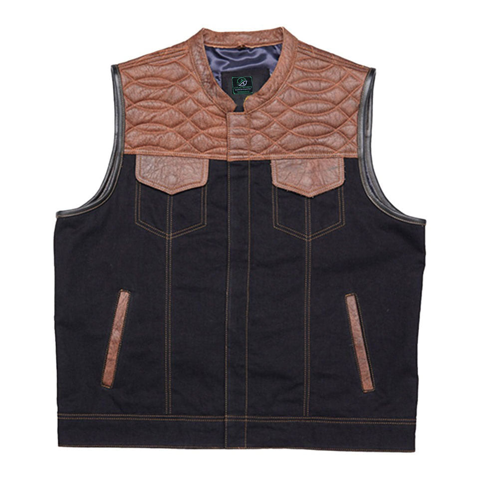 Black vest with brown quilted leather accents