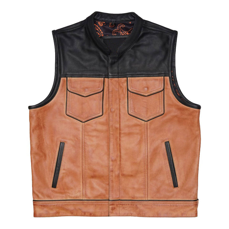 Brown leather vest with black