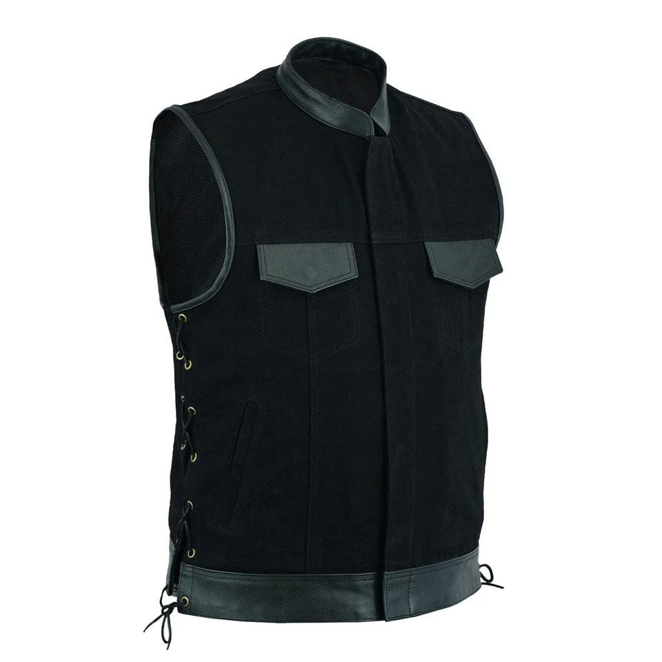 Biker Motorcycle Black vest with leather trim 