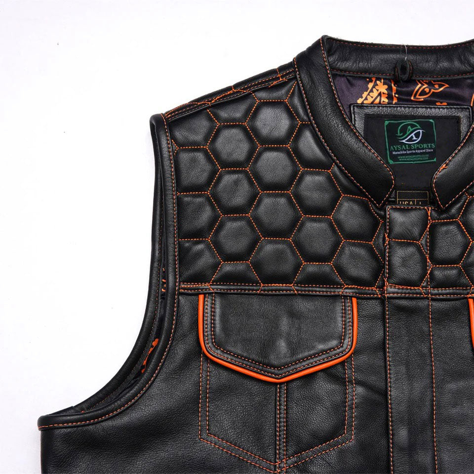 Motorcycle leather vest front pockets detail view