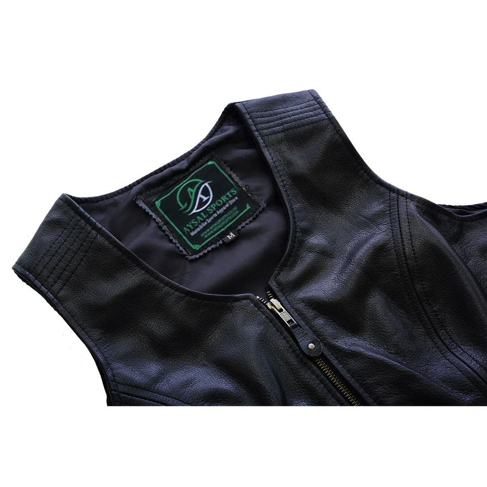 Close-up of a black leather Women Vest