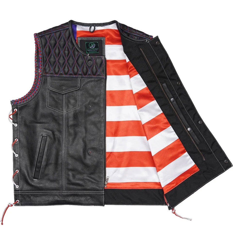 Black leather vest with red and white striped lining