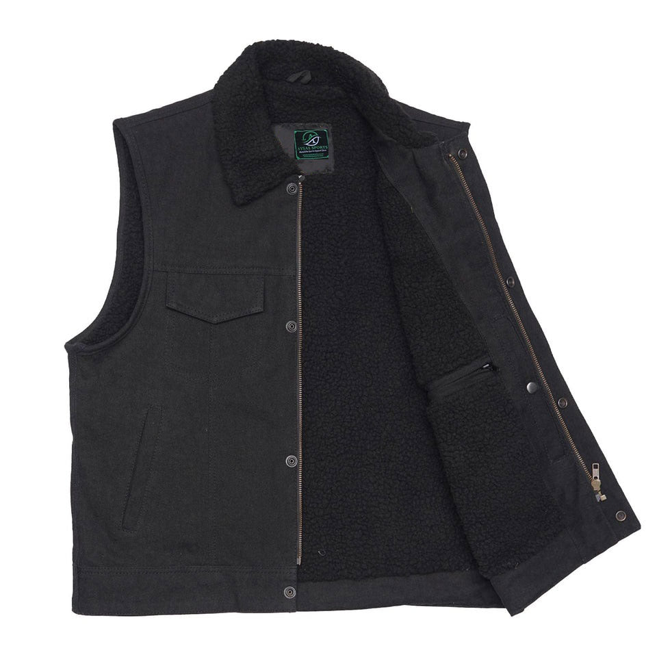 Black vest with a collar on a white background