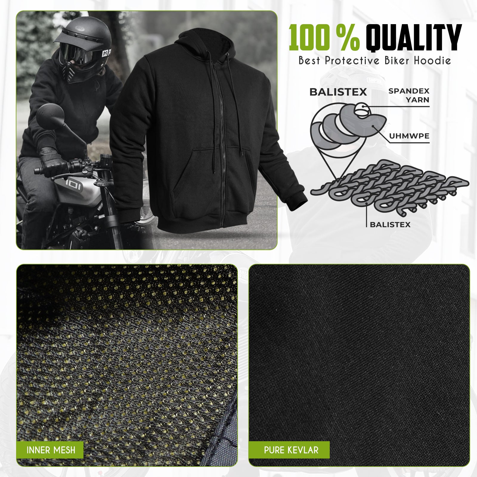 Black protective biker hoodie with material details and motorcycle rider wearing it.