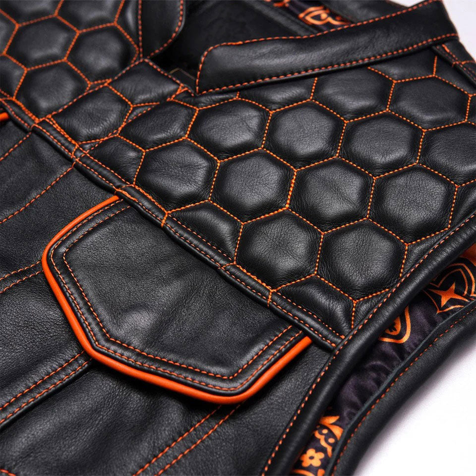 Motorcycle leather vest front pockets detail view