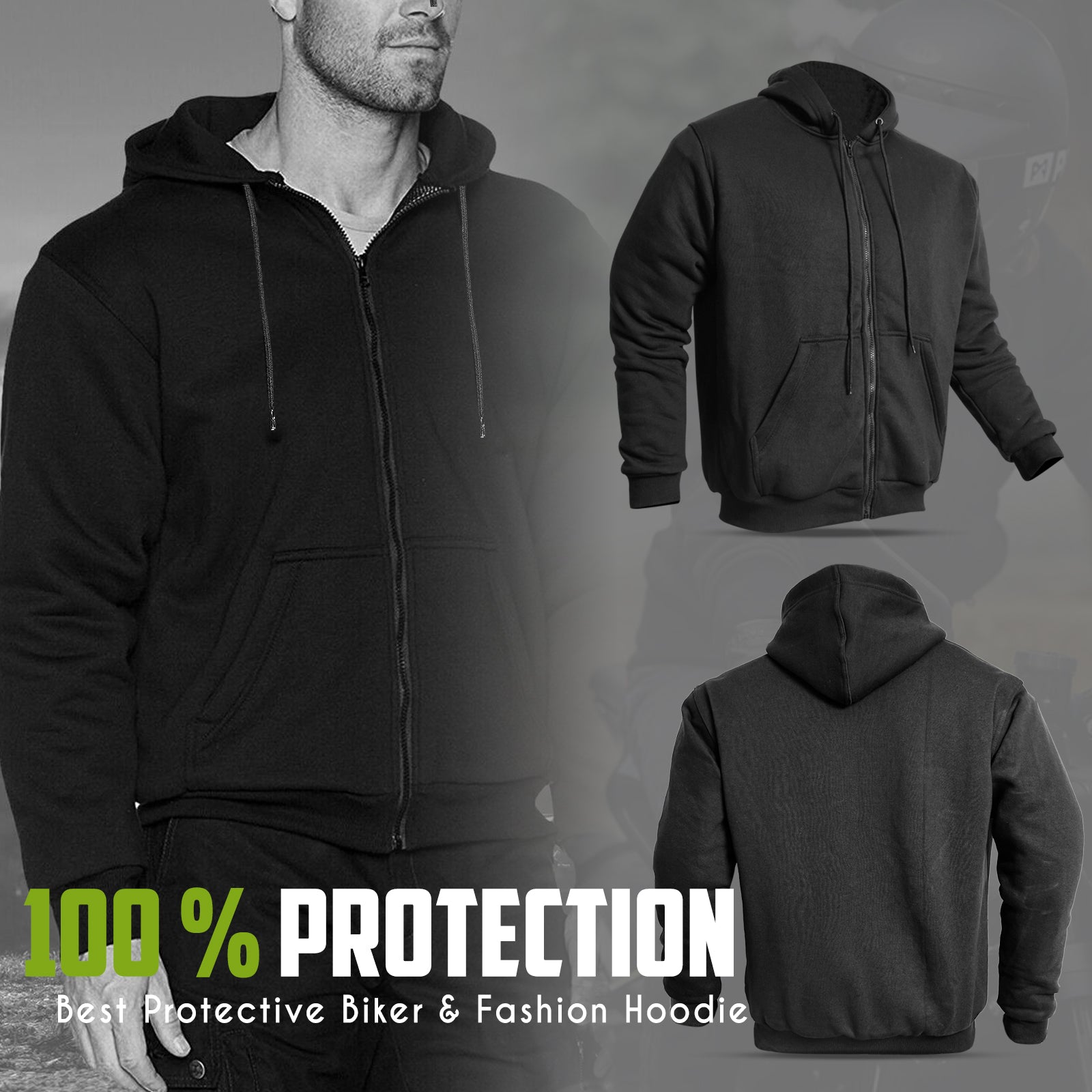 Black hoodie with front, back, and side views displayed on a gray background with '100% Protection' text.