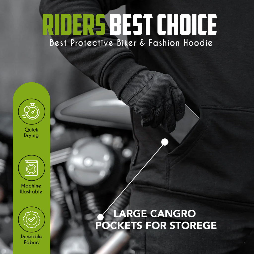 Person wearing a black hoodie with text 'Riders Best Choice' and features listed on a green sidebar.