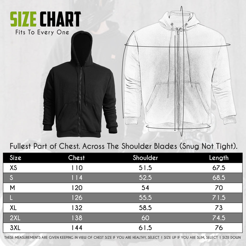 Size chart for a hoodie with measurements in chest, shoulder, and length.