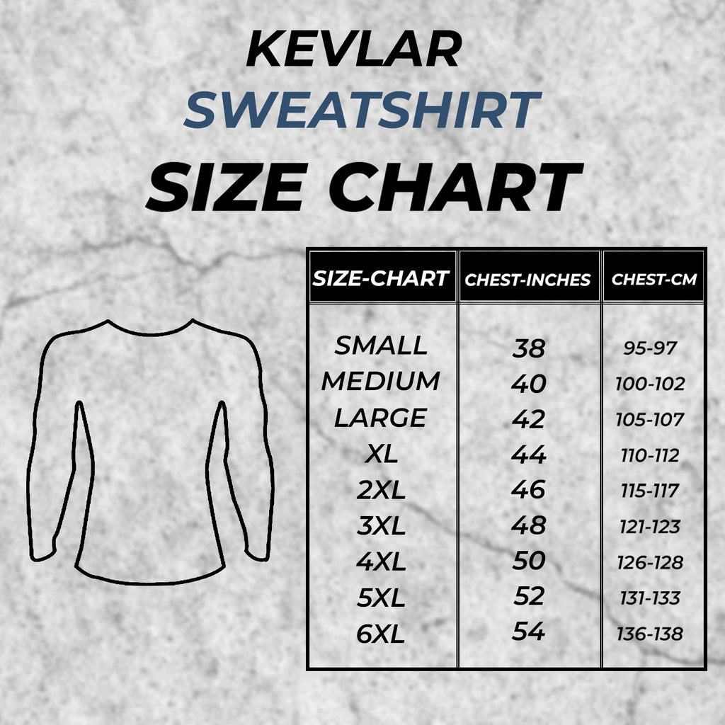 Kevlar sweatshirt size chart on a textured gray background