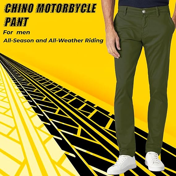 Motorcycle chino trousers with hidden armor pockets and no outer seams