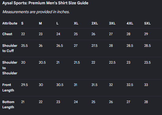 Aysal Sports premium men's shirt size guide 