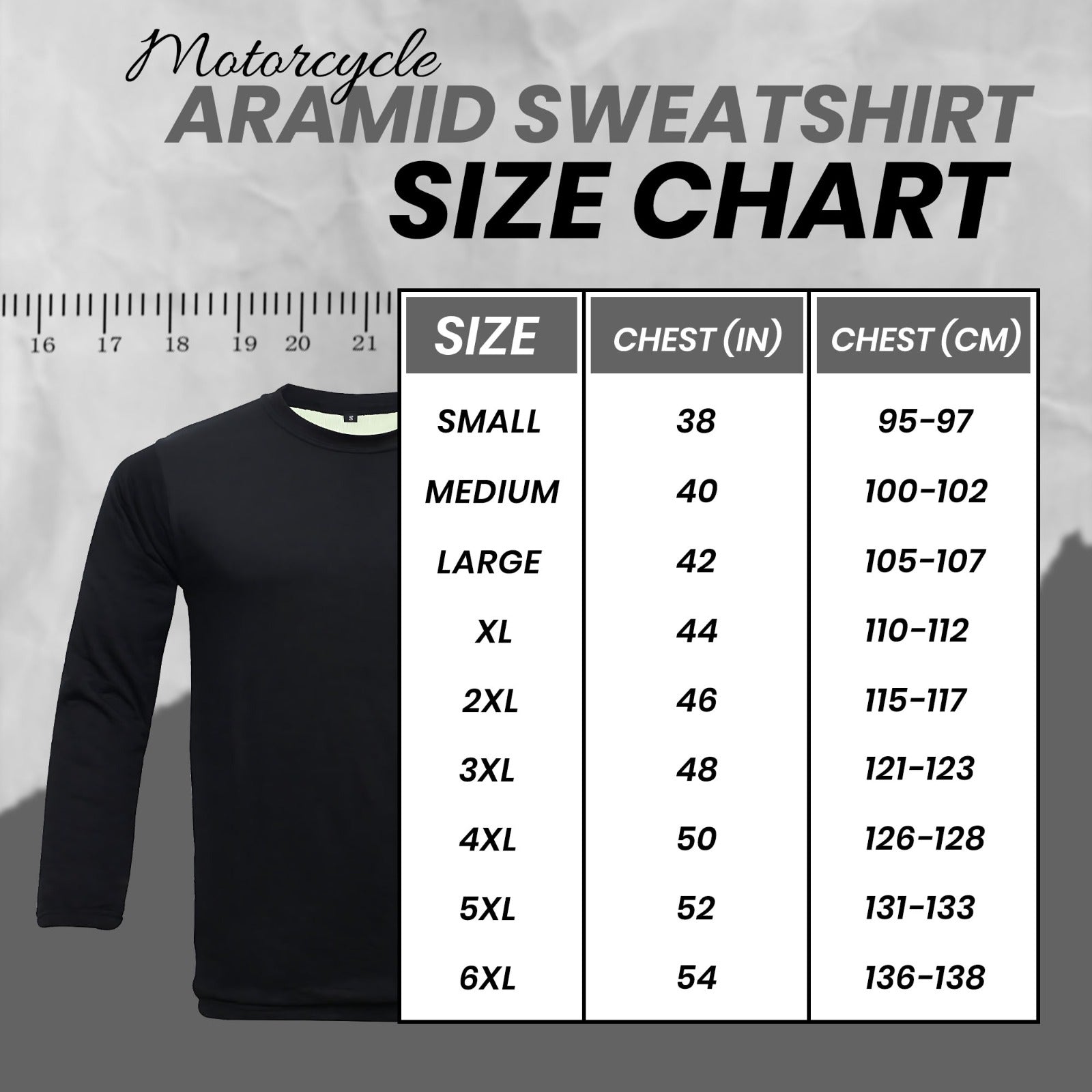 Motorcycle Kevlar lined tshirt Size Chart