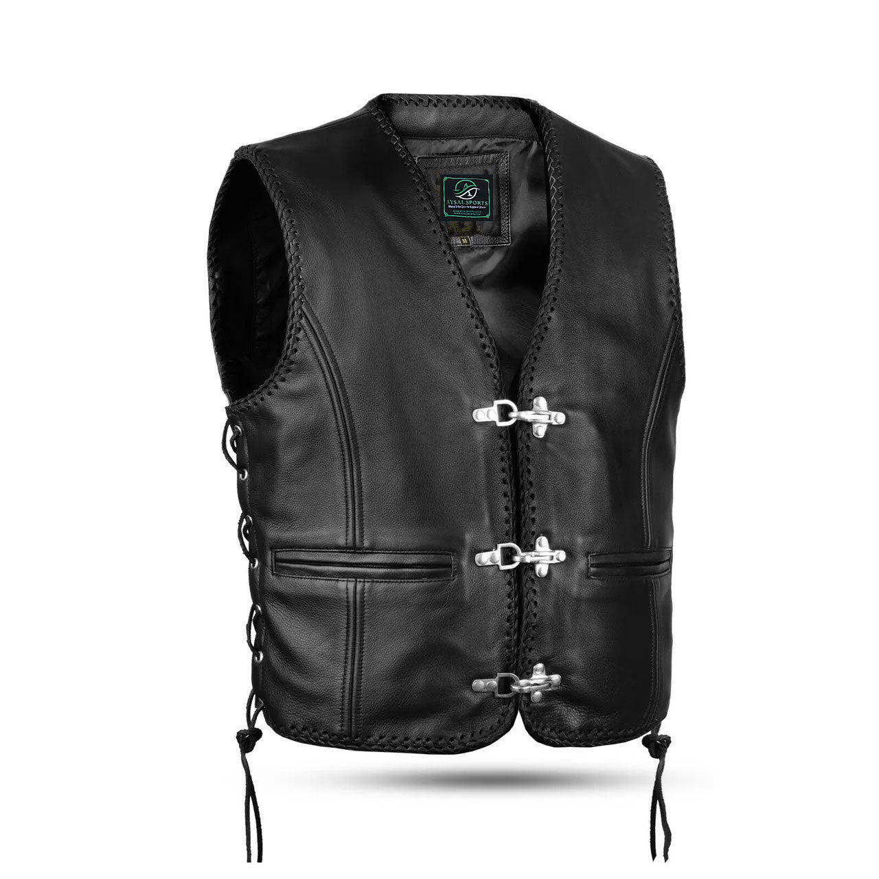 Black leather vest with silver buckles