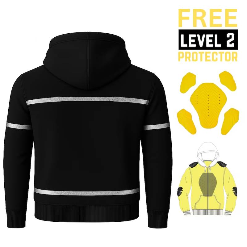 Black hoodie with reflective stripes and free Level 2 protector.