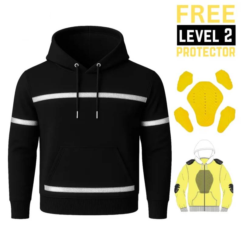 Black hoodie with reflective stripes, free level 2 protector.