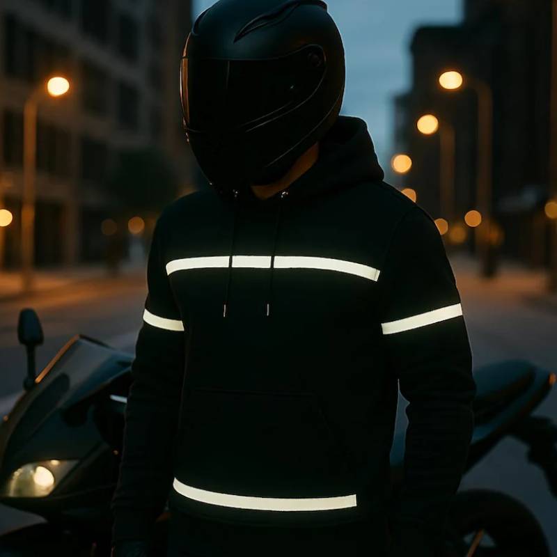 Person wearing a reflective motorcycle jacket and helmet on a city street at night.