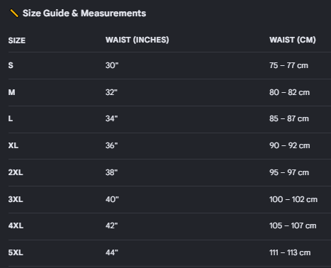 Size guide chart for waist measurements in inches and centimeters 