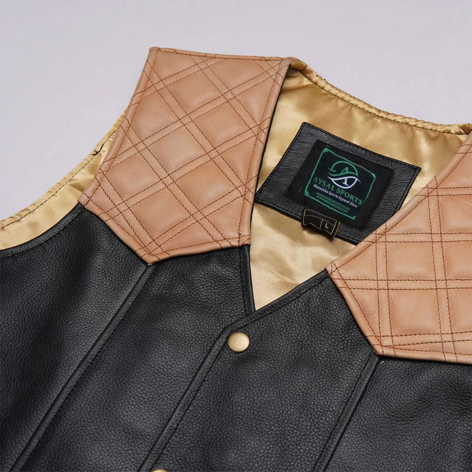 Close-up of a leather Vest with quilted brown lining