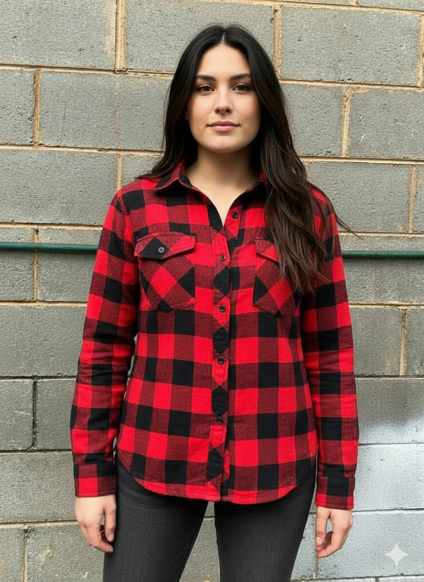 Women Red Black Flannel Motorcycle Shirt
