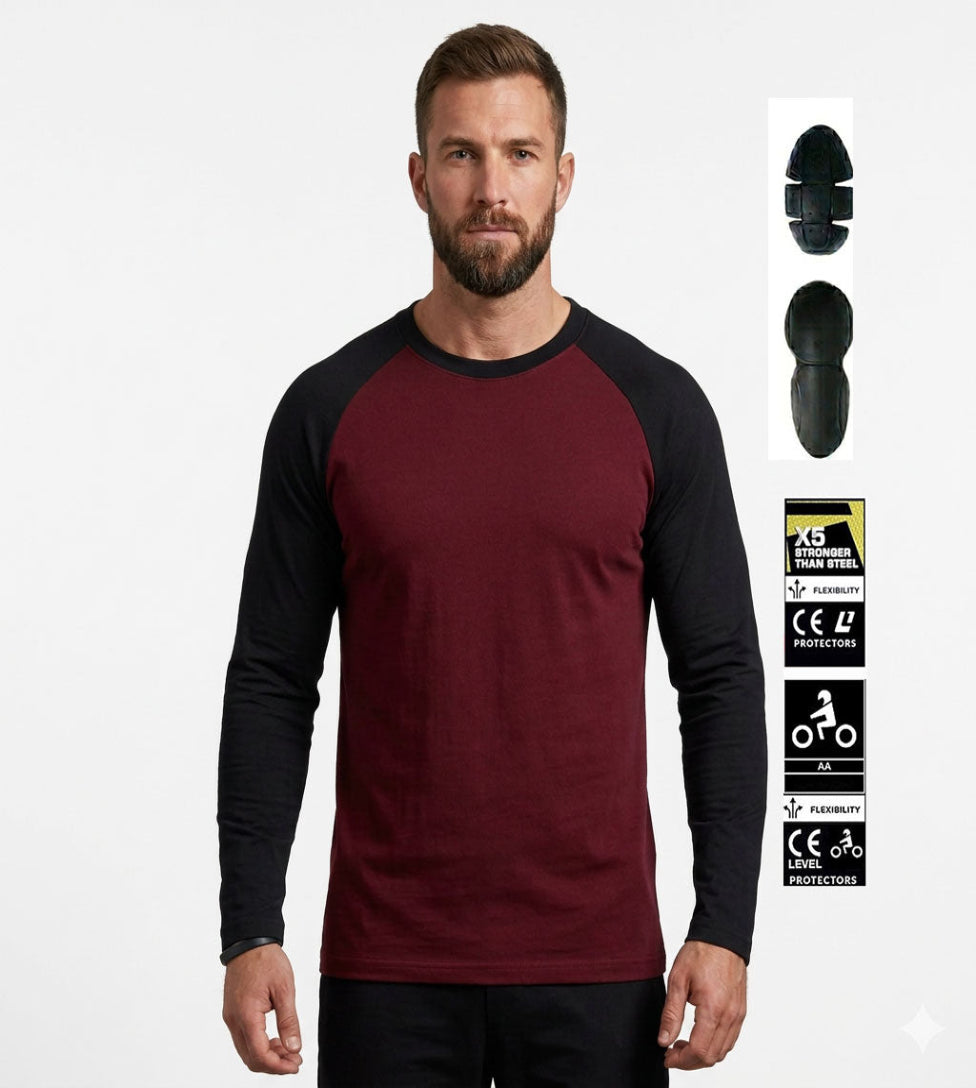 Man wearing a maroon and black long-sleeve shirt with product packaging on the side.