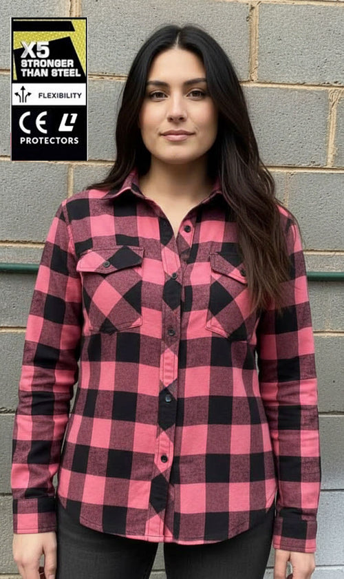 Women Pink Black Flannel Motorcycle Shirt