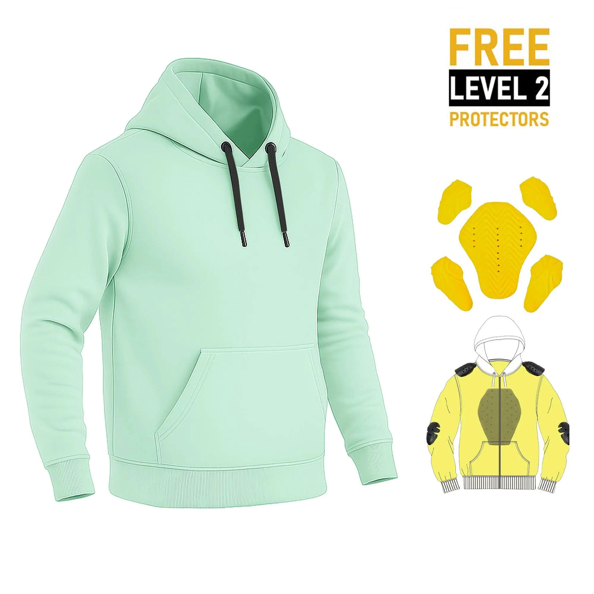 Light green hoodie with black drawstrings on a white background, featuring protective gear 