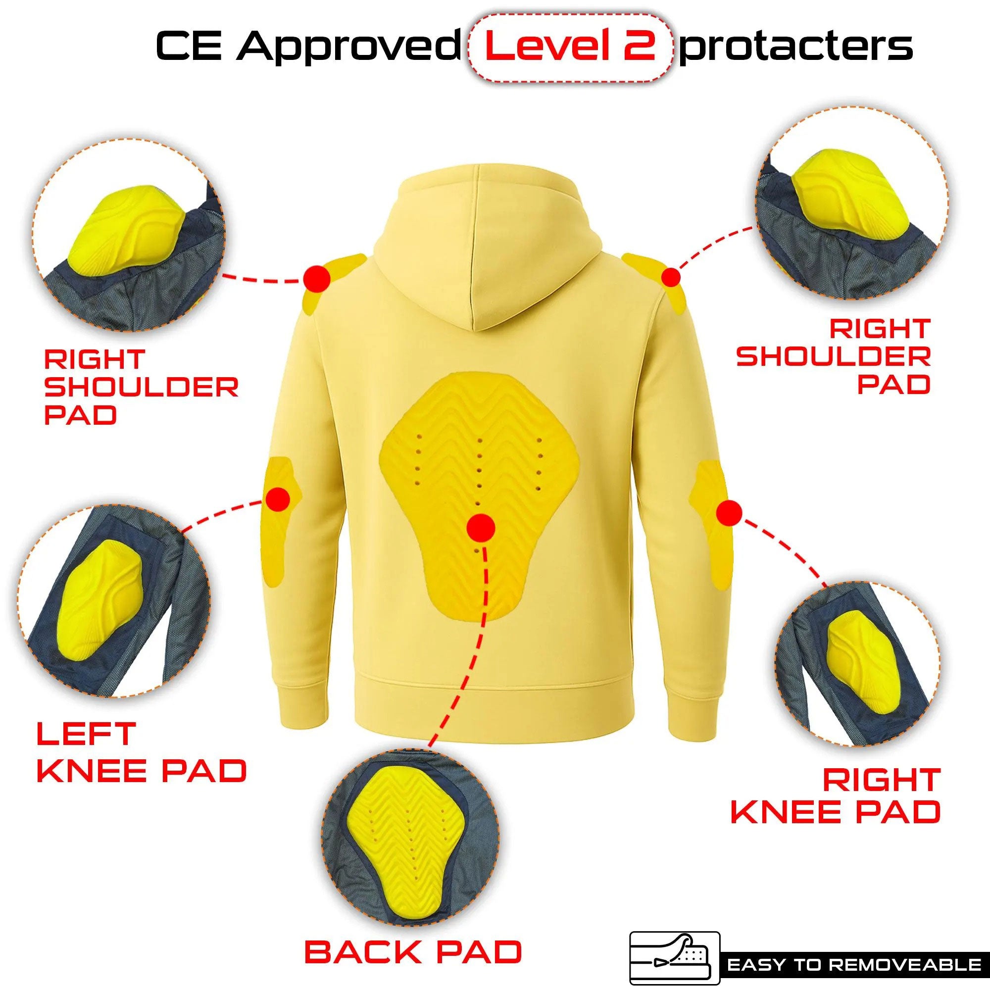 Yellow hoodie with CE Approved Level 2 protectors on shoulders, knees, and back.