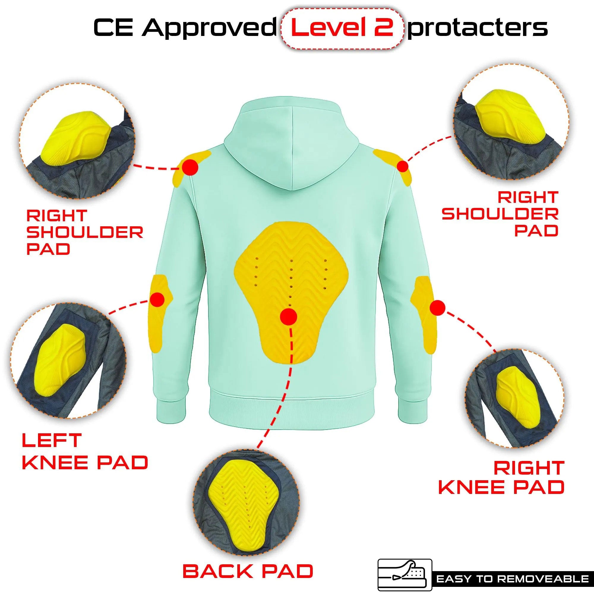 Light blue hoodie with CE Approved Level 2 protective pads on shoulders, knees, and back.