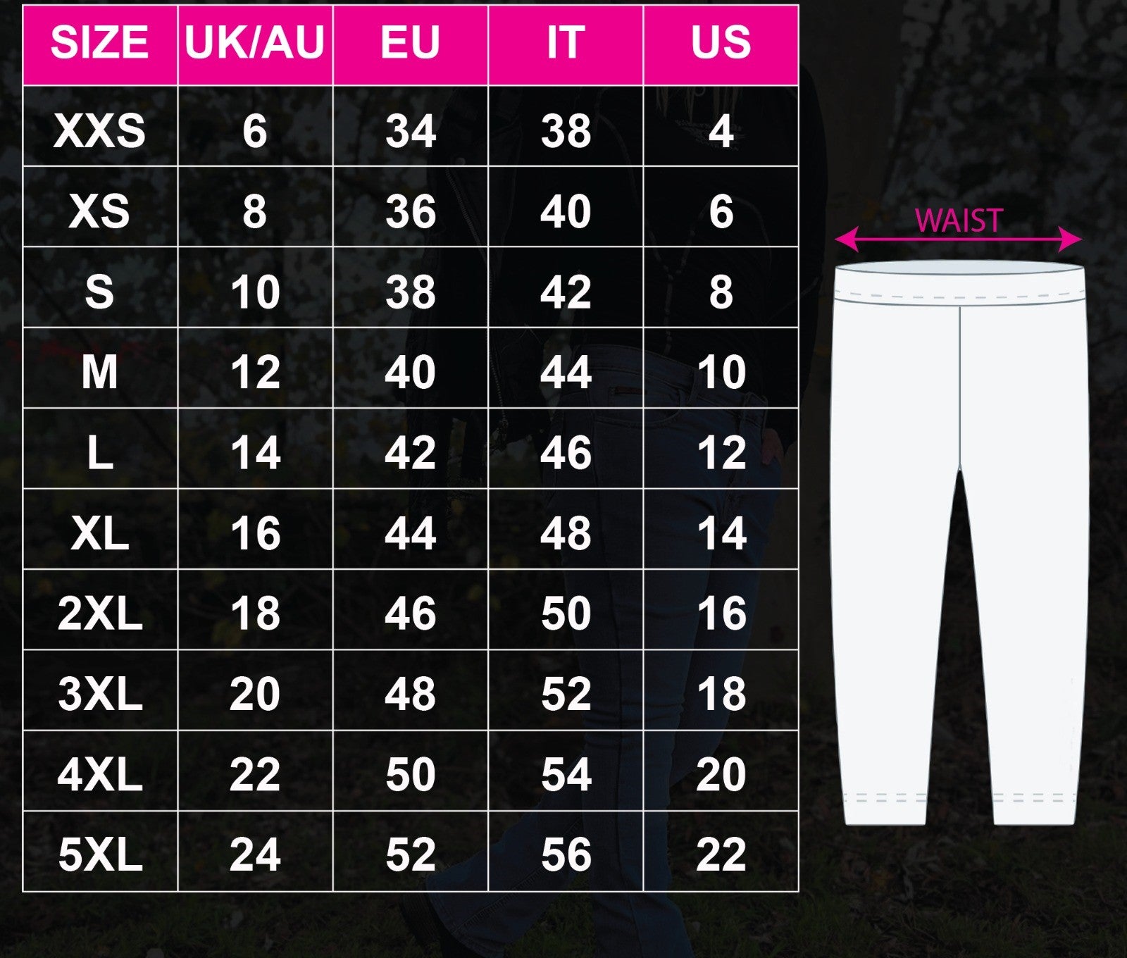 Size chart for pants with waist measurement on a black background
