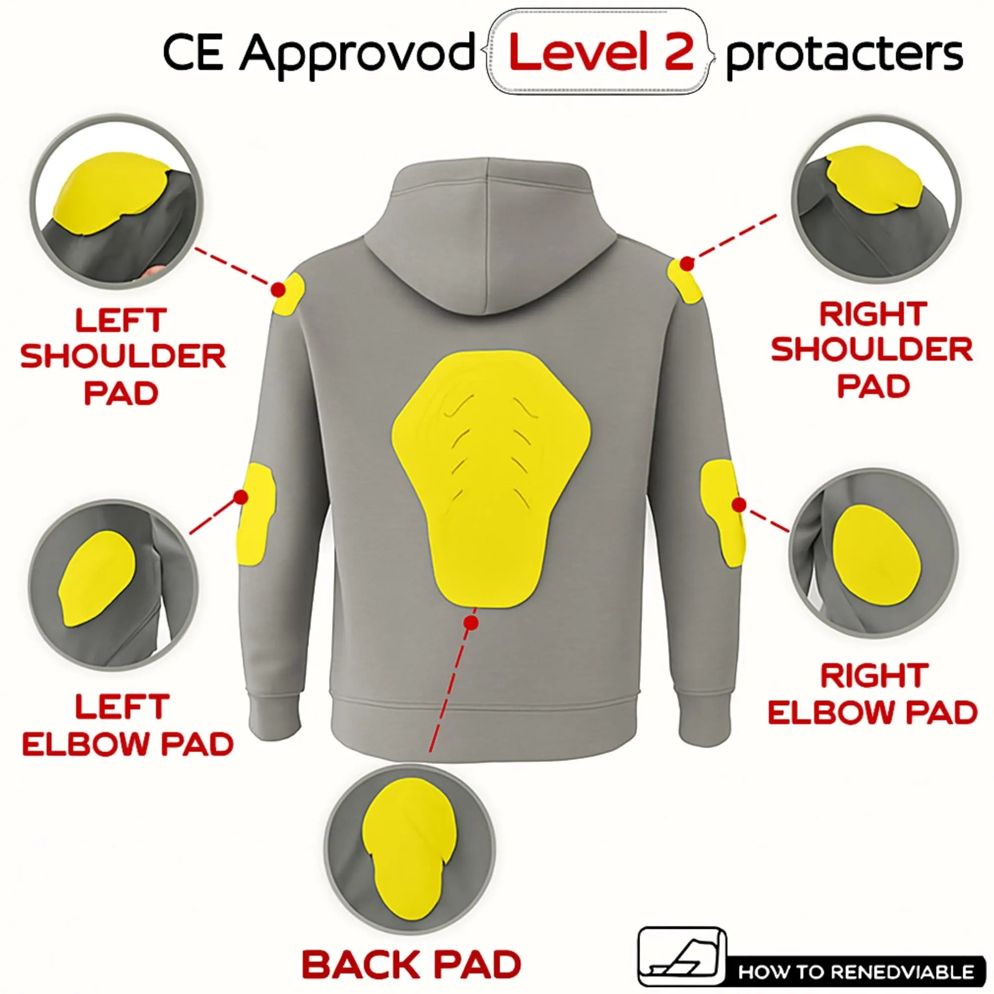 Gray hoodie with yellow protective pads labeled for CE Approved Level 2 protection.