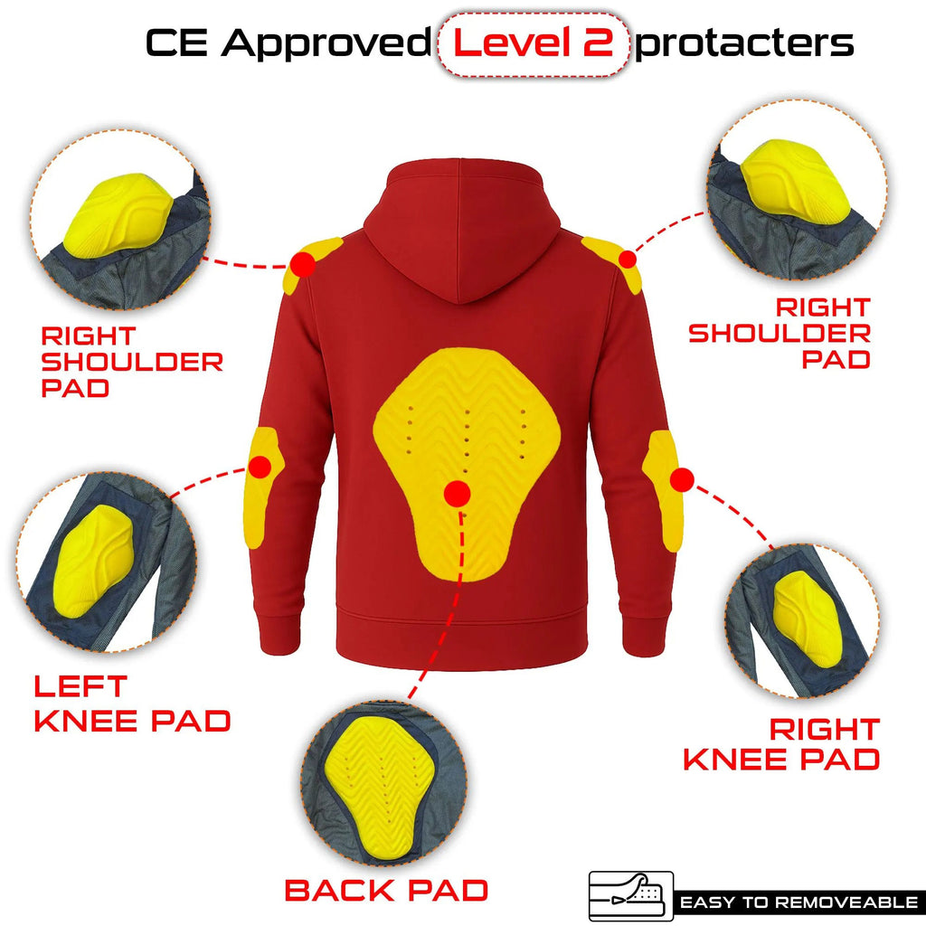 Red protective jacket with various padding details