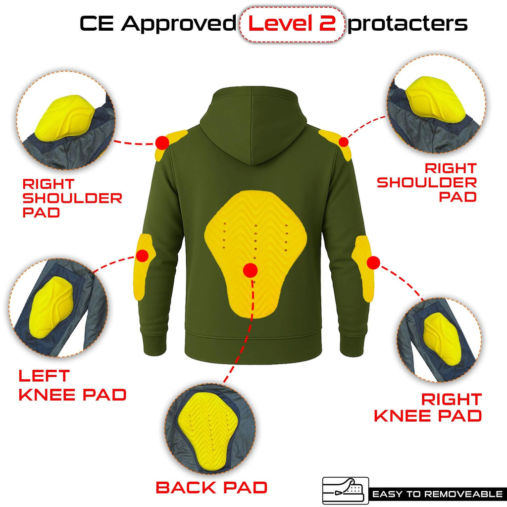 Motorcycle Reinforced with Aramid Fiber Hoodie: CE Level 2 Armor, Olive Green Street Bike Jacket